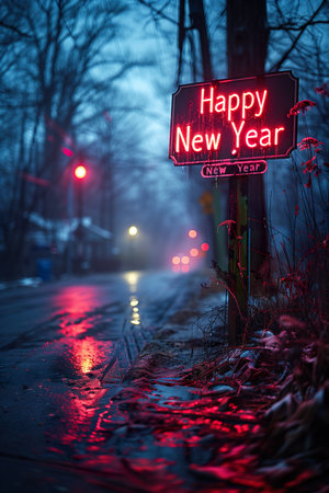 Happy New Year text written with neon lightsの素材