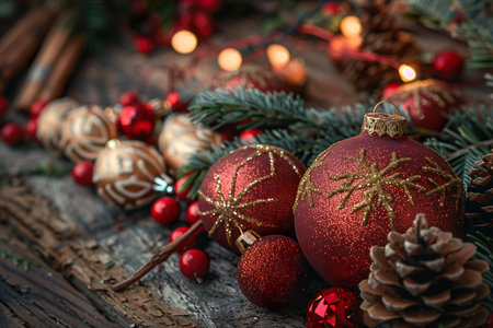 Pine branches and christmas balls. Christmas decoration. Background.の素材