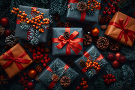 Christmas Gifts Wrapped with Red Ribbons and Pine conesの素材