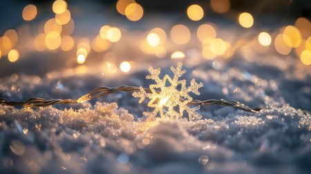 Snowflakes on snow with Christmas lights bokeh. Christmas background.の素材