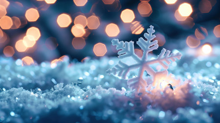 Snowflakes on snow with Christmas lights bokeh. Christmas background.の素材