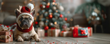 A dog with reindeer horns sitting next to a Christmas tree with presents. Bannerの素材