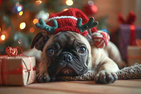 A dog with reindeer horns sitting next to a Christmas tree with presents.の素材