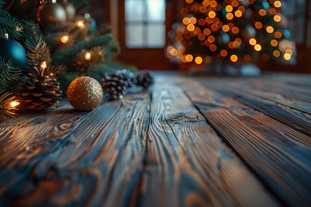 Empty wooden board for product display with background and Christmas decorations.の素材