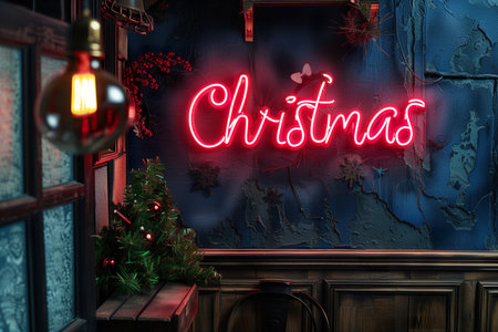 Neon sign with Christmas text on Christmas background.の素材