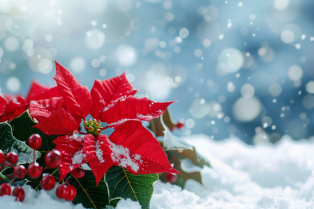 Poinsettia flowers on snow. Christmas background.の素材