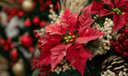 Poinsettia flowers on Christmas tree. Christmas background.の素材