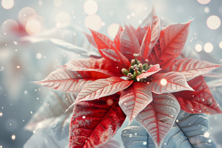 Poinsettia flowers on snow. Christmas background.の素材