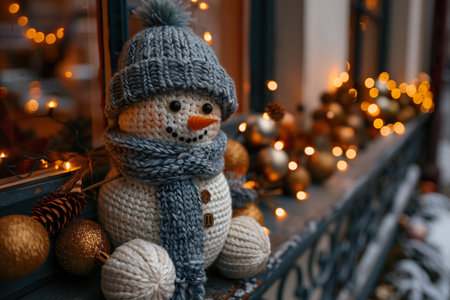 Small snowman in the window during a Christmas night.の素材
