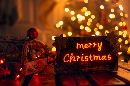 Merry Christmas text written on a Christmas ornament on a wooden table. Background.の素材