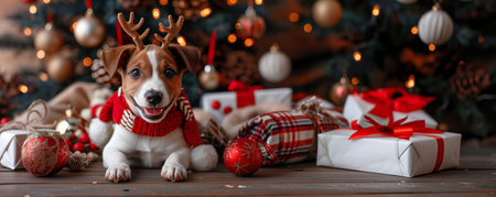 A dog with reindeer horns sitting next to a Christmas tree with presents. Bannerの素材