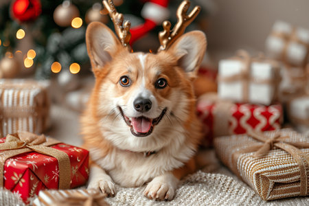 A dog with reindeer horns sitting next to a Christmas tree with presents.の素材