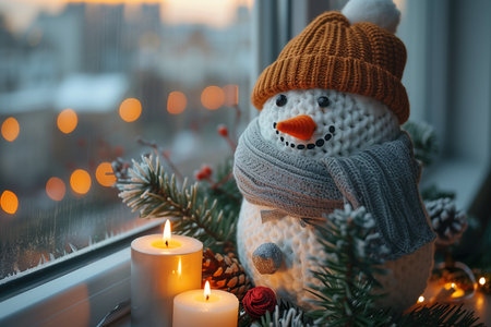 Small snowman in the window during a Christmas night.の素材