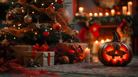 Christmas tree and gifts next to a pumpkin Halloween lantern.の素材