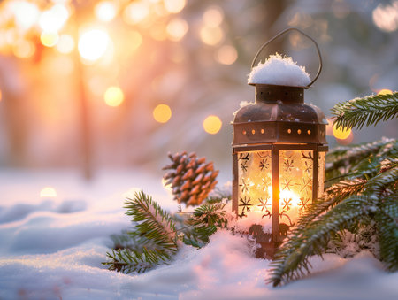 Christmas lantern on snow. Winter background.の素材