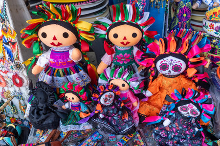 Colorful Handmade Traditional Mexican Lele Dolls Souvenir Display at Marketの写真素材