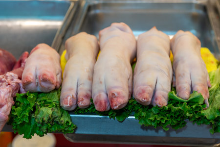 Fresh pork trotters served on lettuceの写真素材