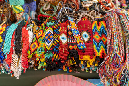 Accessories made with multicolored beads. Mexican handicrafts made with colorful stones.の写真素材