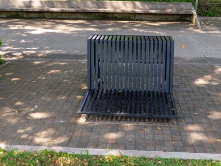 Modern Minimalist Metal Slat Park Benchの写真素材