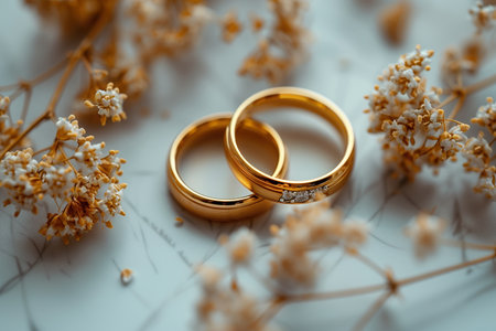 Rings on a table surrounded by flowers. Wedding concept.の素材