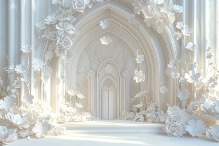 White arched door surrounded by white paper flowers. Photographic studio background.の素材