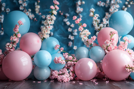 Studio background for photo shoot with flowers, blue and pink balloons. Wooden floor. Overlay.の素材