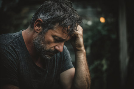 A middle aged man with a beard, appearing deeply thoughtful and sad.の素材
