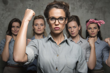 A portrait of a group of confident women with fists raised, symbolizing strength, empowerment, and determinationの素材