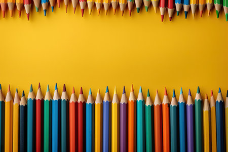 Colorful pencils arranged on a yellow background with copy space. Back to school background.の素材