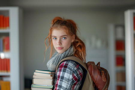 Smiling teenager girl with school backpack. Copy space. Back to school.の素材