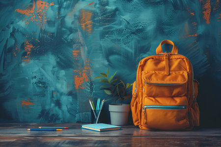 Orange backpack, placed on wooden table with school supplies and a potted plant in the background.の素材