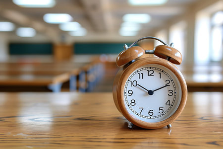 Clock on desk with blurred classroom background. Beginning of classes concept.の素材