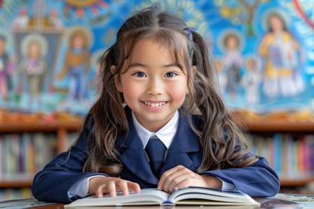 An Asian girl in a school uniform is smiling and sitting at a desk with an open book on it.の素材