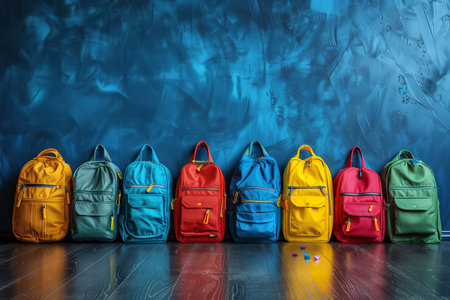 A row of colorful backpacks with school supplies on the floor against a dark blue wall. Back to school.の素材