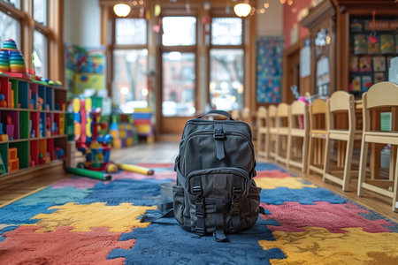 Black backpack placed on the floor in front of colorful toys. Back to school concept.の素材