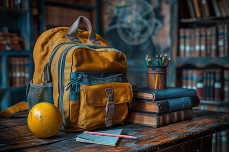 Orange backpack, placed on wooden table with school supplies and a potted plant in the background.の素材