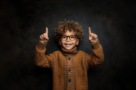 A cute little boy in front of a blackboard, holding up his fingers.の素材