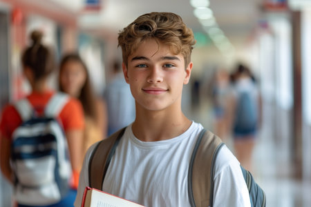 Smiling teenager boy with school backpack. Copy space. Back to school.の素材
