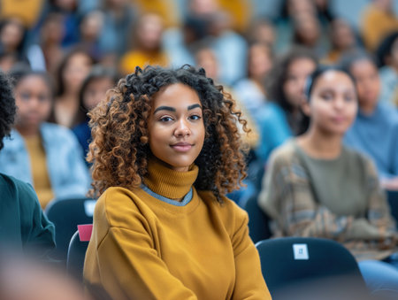 A young woman with curly hair, wearing a mustard yellow sweater, sits attentively in a lecture hall filled with other students.の素材