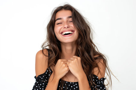 A vibrant portrait of a young woman radiating joy and happiness.の素材