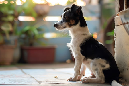 A charming black and white puppy, likely a Jack Russell Terrier mix, sits attentively on a patio floor.の素材