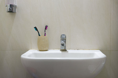 Bathroom Interior with Toothbrushes and Sink for Personal Hygieneの写真素材
