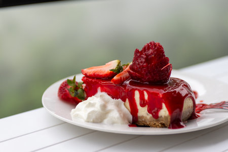 A close up of a creamy cheesecake dessert topped with fresh strawberries and a vibrant red syrup