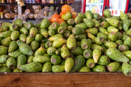 Abundance of Fresh Green Prickly Pear Fruit on a Market Displayの写真素材