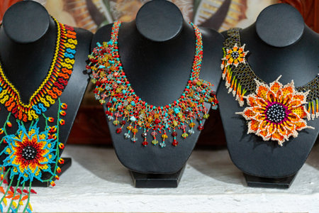 Accessories made with multicolored beads. Mexican handicrafts made with colorful stones.の写真素材