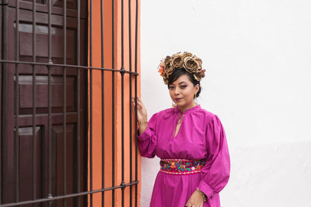 Portrait of Elegant Hispanic Woman in Traditional Dress and Flower Crown