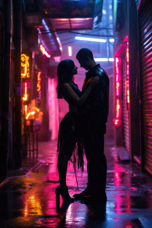 Young couple kissing in the city street at night. Love concept.の素材