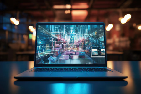 Creative Studio: Close-Up of a Laptop in an Office Setting for Graphic Design, 3d rendering, 3d illustration.の素材