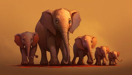 Elephants family in a row. 3D render of elephants.の素材