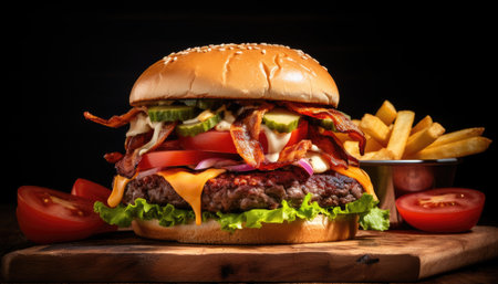 Cheese burger - American cheese burger with Golden French fries and fresh vegetablesの素材
